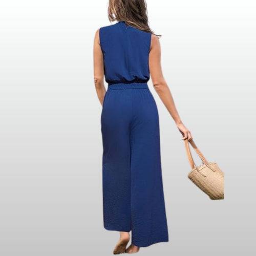 Ebba – Ärmlös Blå Jumpsuit med Resårmidja