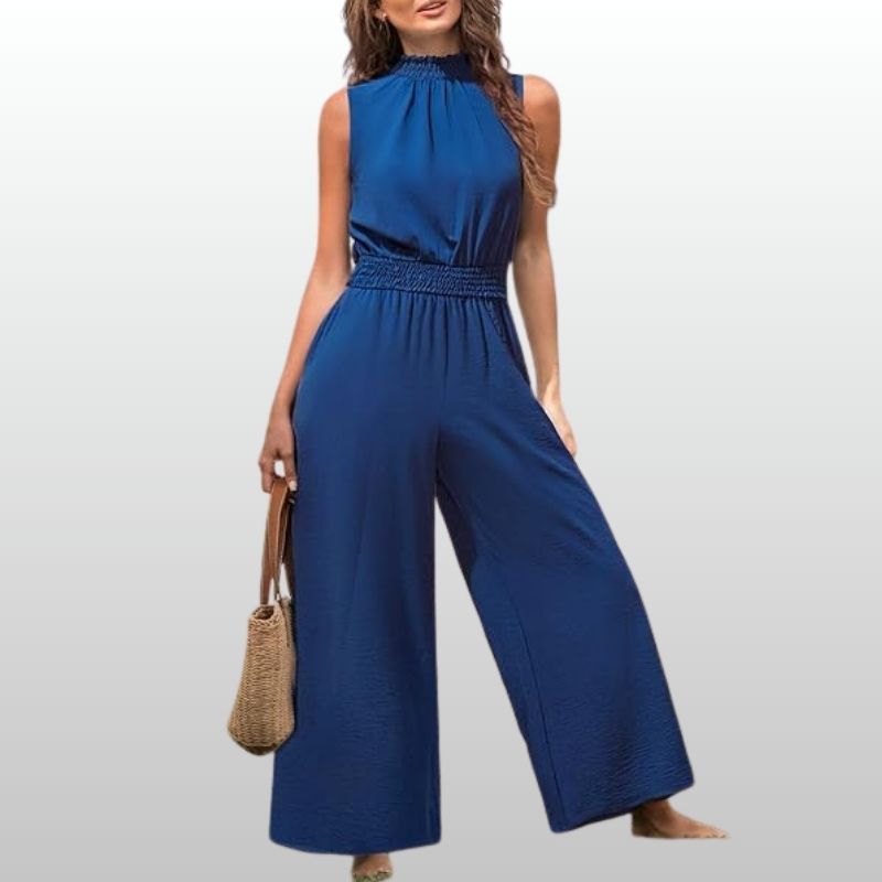 Ebba – Ärmlös Blå Jumpsuit med Resårmidja