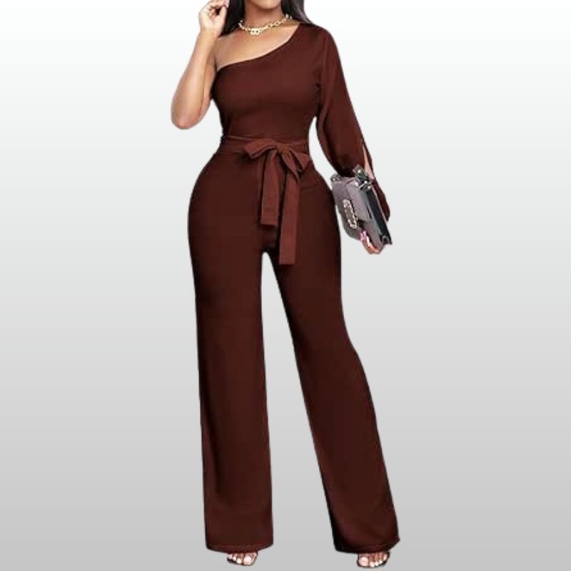 Alma – Enaxlad Brun Jumpsuit med Knytskärp