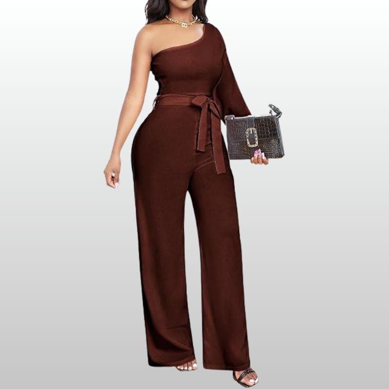 Alma – Enaxlad Brun Jumpsuit med Knytskärp