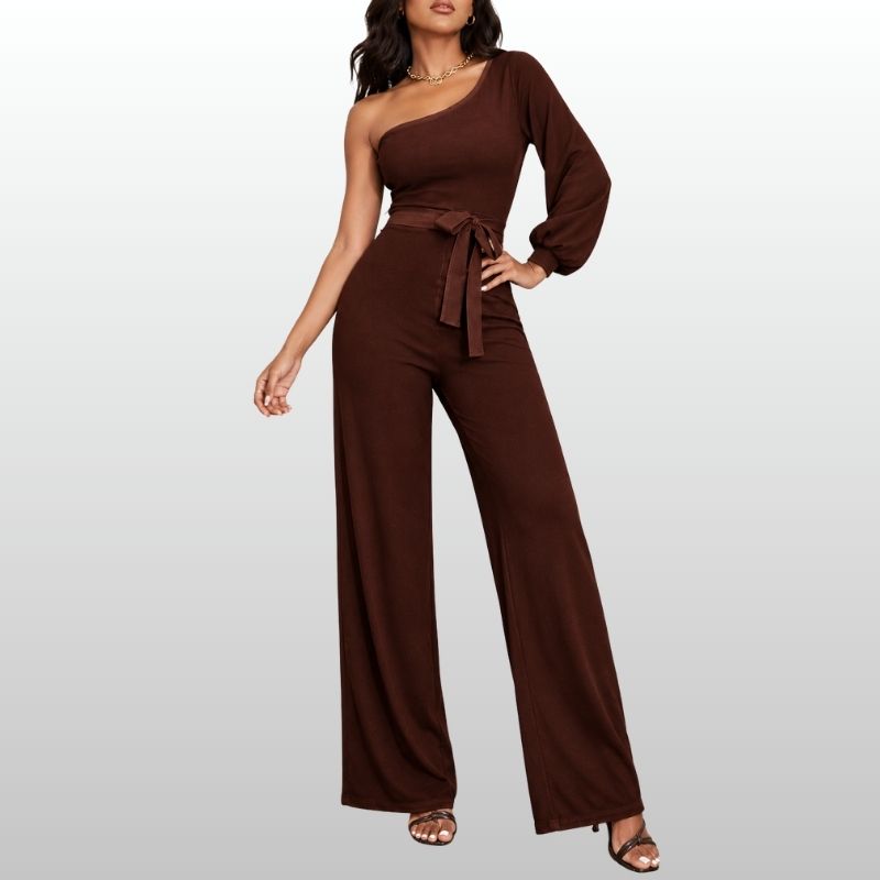 Alma – Enaxlad Brun Jumpsuit med Knytskärp