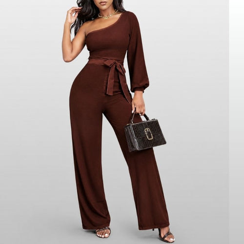 Alma – Enaxlad Brun Jumpsuit med Knytskärp